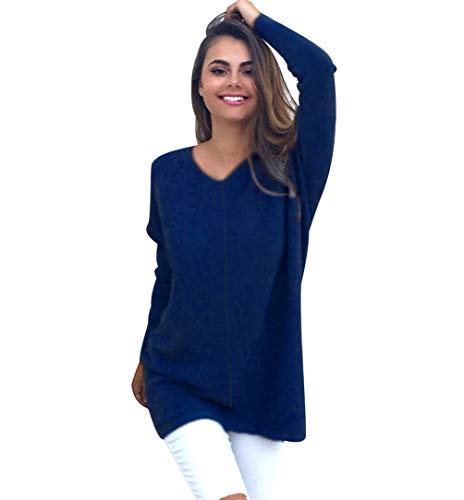 Longpullover Strick Strickpullover Damen Oversize Lange Pullover V Ausschnitt Frauen Pullis Sweater Strickpullis Damen Longpullis Winterpullover Long Pullover Kleid Winterpulli Damenpulli Blau XL von Pengniao