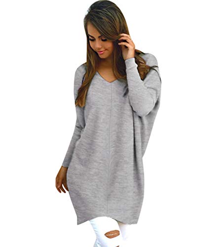 Longpullover Strick Strickpullover Damen Oversize Lange Pullover V Ausschnitt Frauen Pullis Sweater Strickpullis Damen Longpullis Winterpullover Long Pullover Kleid Winterpulli Damenpulli Grau S von Pengniao