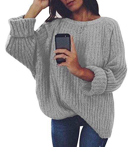 Pullover Damen Strick Strickpullover Oversize Schicke Pulli Winterpullover Pullis Damen Kuschelpullover Frauen Grobstrick Sweater Feinstrickpullover Kuschelpulli Strickpullis Winterpullis Grau XL von Pengniao