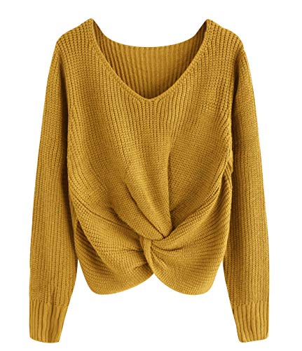 Pullover Damen V Ausschnitt Strick Strickpullover Oversize Pulli Schicke Winterpullover Pullis Kuschelpullover Frauen Wickelpullover Sweater Feinstrickpullover Kuschelpulli Strickpullis Gelb XL von Pengniao