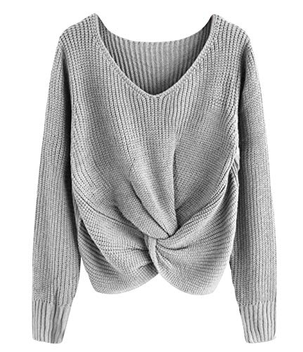 Pullover Damen V Ausschnitt Strick Strickpullover Oversize Pulli Schicke Winterpullover Pullis Kuschelpullover Frauen Wickelpullover Sweater Feinstrickpullover Kuschelpulli Strickpullis Grau M von Pengniao