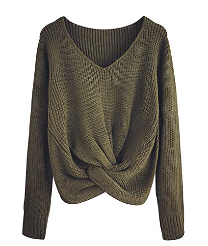 Pullover Damen V Ausschnitt Strick Strickpullover Oversize Pulli Schicke Winterpullover Pullis Kuschelpullover Frauen Wickelpullover Sweater Feinstrickpullover Kuschelpulli Strickpullis Grün XL von Pengniao