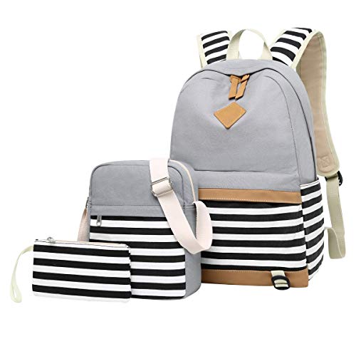 Schulrucksack Teenager Mädchen Rucksack Schule Canvas für Jugendliche Schulrucksäcke Damen Rucksäcke Schule Schultaschen Schulranzen Jugendlich Daypack Schultasche Schultertasche Federmäppchen Grau von Pengniao