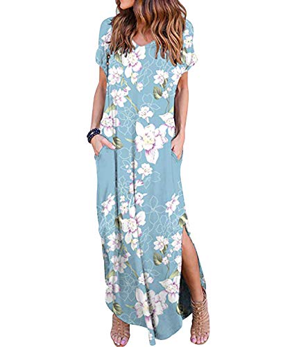 Sommerkleider Lang Maxikleid Strandkleider Lange Kleider Sommer Blumenkleid Boho Bohemian Bodenlanges Kleid mit Schlitz Sommerkleid Blumen V Ausschnitt Strandkleid Freizeitkleider Große Größen Blau L von Pengniao