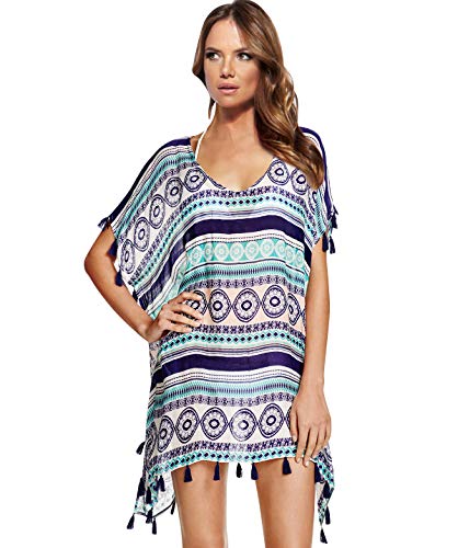 Strandkleider Damen Strandkleid Kaftan Tunika Strandtunika Boho Sommerkleider Kurz Leichte Strandponcho V-Ausschnitt Bikini Cover Up Beachkleider Blusenkleid Sommer Shirtkleider Chiffon Kleid Strand von Pengniao