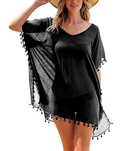 Strandkleider Damen Strandkleid Kaftan Tunika Strandtunika Boho Sommerkleider Kurz Strandponcho Bikini Cover Up Große Größen Strandbekleidung Beachkleider Kleid Strand Blusenkleid Sommer Schwarz von Pengniao