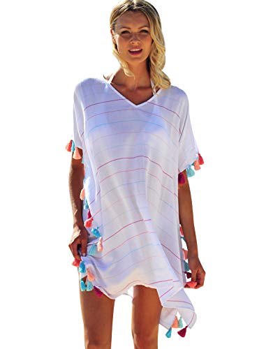 Strandkleider Damen Strandkleid Kaftan Tunika Strandtunika Boho Sommerkleider Kurz Strandponcho V-Ausschnitt Bikini Cover Up Große Größen Strandbekleidung Beachkleider Blusenkleid Shirtkleider Weiß von Pengniao