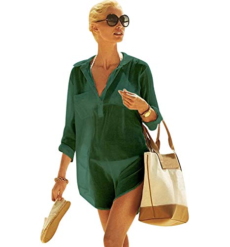 Strandkleider Damen Strandkleid Kaftan Tunika Strandtunika Boho Sommerkleider Kurz Strandponcho V-Ausschnitt Bikini Cover Up Strandbekleidung Kleid Strand Blusenkleid Sommer Shirtkleider Armee Grün von Pengniao