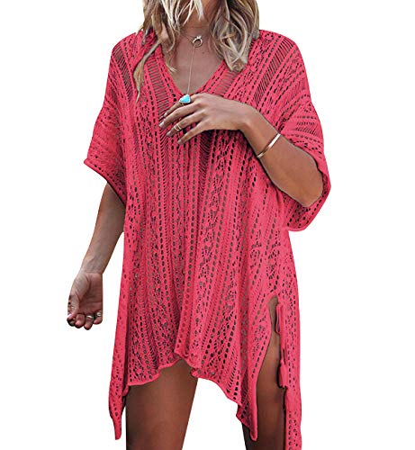 Strandkleider Damen Strandkleid Strick Kaftan Tunika Strandtunika Boho Sommerkleider Kurz Strandponcho V-Ausschnitt Bikini Cover Up Große Größen Strandbekleidung Beachkleider Kleid Sommer Strand Rosa von Pengniao