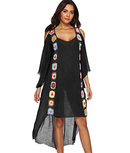 Strandkleider Lang Damen Lange Strandkleid Kaftan Tunika Große Größen Strandtunika Boho Maxi Sommerkleider Strandponcho Bikini Cover Up Strandbekleidung Beachkleider Strand Blusenkleid Sommer Schwarz von Pengniao