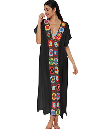 Strandkleider Lang Damen Lange Strandkleid Kaftan Tunika Große Größen Strandtunika Boho Maxi Sommerkleider Strandponcho V-Ausschnitt Bikini Cover Up Strandbekleidung Beachkleider Strand Sommer Schwarz von Pengniao