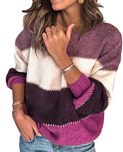 Strickpulli Damen Strickpullover Knitted Pullover Damen Oversize Pullover Strick Gestreift Pulli Lässiger Frauen Pullis Winterpullover Damen-Pullover Lockerer Übergröße Strickpullis Winter Violett 2XL von Pengniao