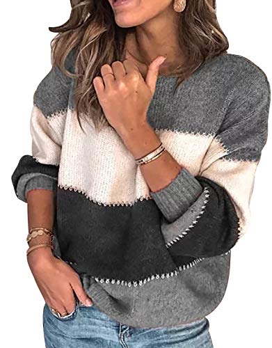 Strickpulli Damen Strickpullover Knitted Pullover Damen Oversize Pullover Strick Gestreift Pulli Lässiger Frauen Pullis Winterpullover Damen-Pullover Lockerer Übergröße Strickpullis Winter Grau 3XL von Pengniao
