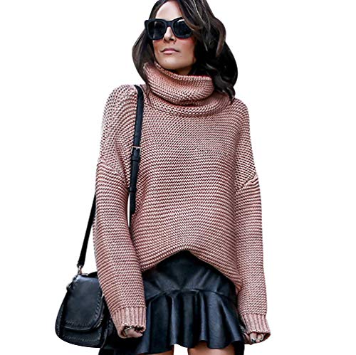 Strickpullover Damen Oversize Grobstrick Pullover Strick Dicke Rollkragenpullover Frauen Pullis Sweater Damen Winterpullover Winterpulli Feinstrickpullover Damenpulli Winterpullis Zopfmuster Rosa XL von Pengniao