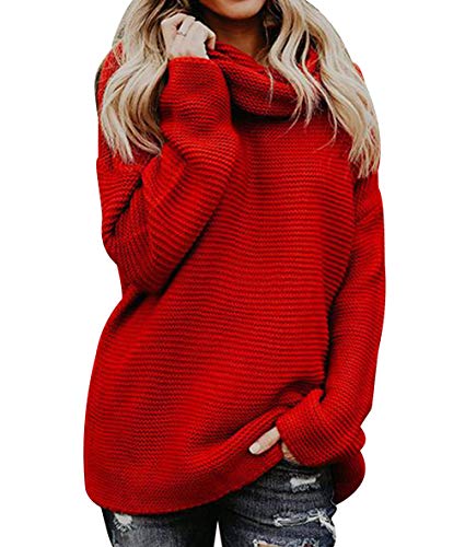 Strickpullover Damen Oversize Grobstrick Pullover Strick Dicke Rollkragenpullover Frauen Pullis Sweater Damen Winterpullover Winterpulli Feinstrickpullover Damenpulli Winterpullis Zopfmuster Rot L von Pengniao