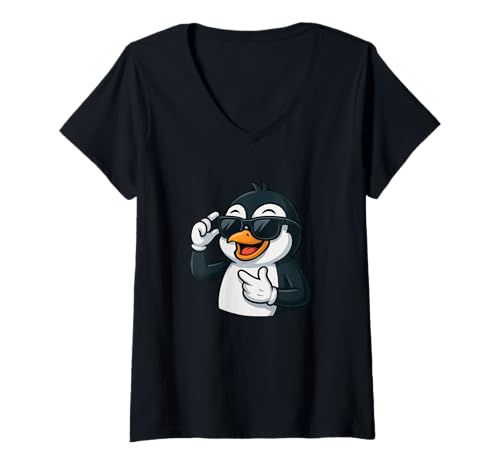 Damen Cooles Pinguin-Cartoon-lustiges Tier mit Sonnenbrille T-Shirt mit V-Ausschnitt Damen Cooles Pinguin-Cartoon-lustiges Tier mit Sonnenbrille T-Shirt mit V-Ausschnitt von Penguin Comic Funny Animal