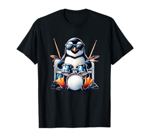 Penguin Drummer Music Rock Animal Bird Musician - Unisex Erwachsene und Kinder - Cartoon-T-Shirt - Schwarz - S - Klassisch - Crew-Ausschnitt - Kurze Ärmel - Polyester - Winter von Penguin Drummer Music Rock Animal Bird Musician