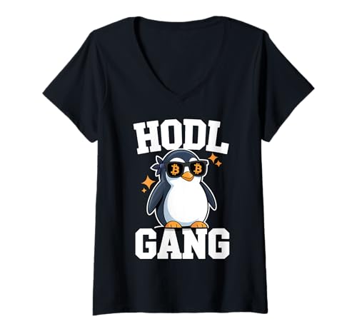 Damen Bitcoin HODL Pinguin T-Shirt mit V-Ausschnitt von Penguin HODL Bitcoin Apparel