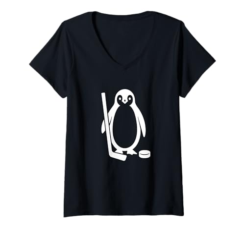 Damen Minimalistische Pinguin-Hockeyspieler-Silhouette-Kunstwerk T-Shirt mit V-Ausschnitt Damen Minimalistische Pinguin-Hockeyspieler-Silhouette-Kunstwerk T-Shirt mit V-Ausschnitt von Penguin Hockey Design Silhouette Art