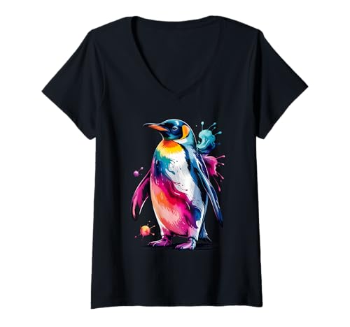 Damen Pinguin-Poster-Stil, Farbspritzer, Bunte Kunstgrafik T-Shirt mit V-Ausschnitt Damen Pinguin-Poster-Stil, Farbspritzer, Bunte Kunstgrafik T-Shirt mit V-Ausschnitt von Penguin Lover Apparel & Arts