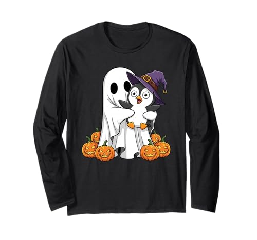 Lustiger Geist Pinguin Kürbis Halloween Kinder Herren Damen Langarmshirt von Penguin Lovers Cute Halloween Outfits for Boy Girl