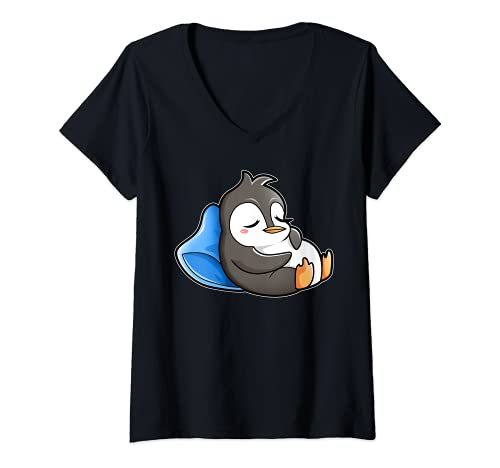 Damen Pinguine Mein Offizielles Schlafshirt Süß Schlafen Pinguin T-Shirt mit V-Ausschnitt von Penguin Pinguin Schlafshirt Couch Bett Chillen
