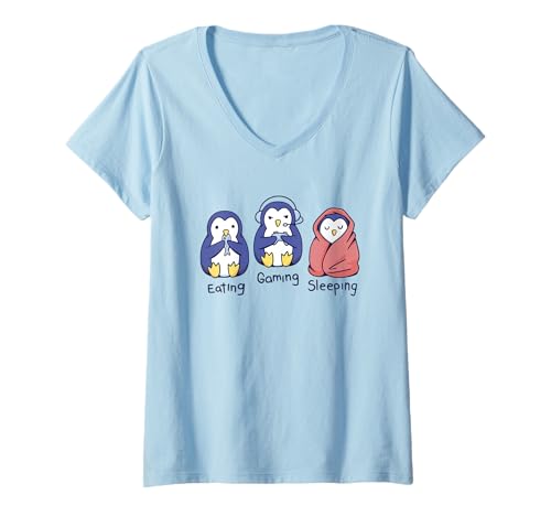 Damen Schlafende Pinguine Essen - Süßer Gamer-Lifestyle T-Shirt mit V-Ausschnitt von Penguin Video Games