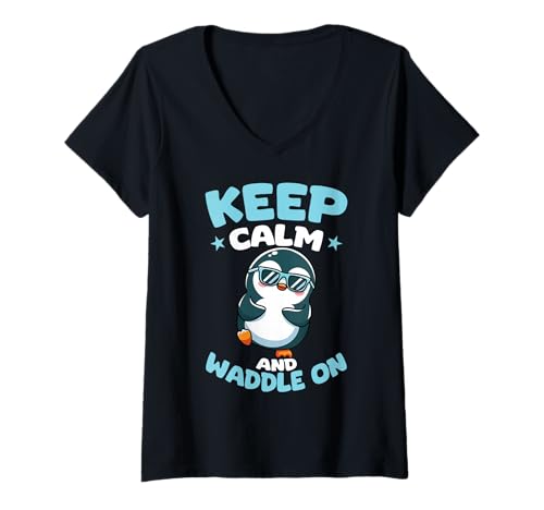 Damen Bleib ruhig und watschle auf Einer süßen Pinguin-Sonnenbrille T-Shirt mit V-Ausschnitt von Penguin Waddle Keep Calm Cute Funny Cartoon