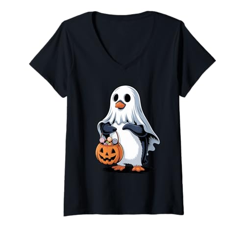 Damen Halloween Pinguin Geist Kürbis Süßes Oder Saures Süßigkeiten T-Shirt mit V-Ausschnitt von Penguins Penguin Lover Gifts
