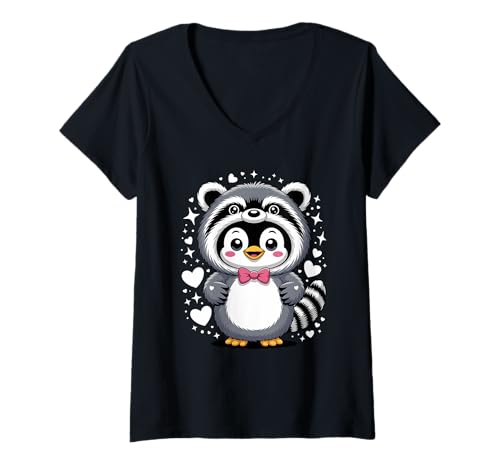 Damen Kawaii Pinguin Waschbär Kostüm Pinguine T-Shirt mit V-Ausschnitt von Penguins Penguin Lover Gifts