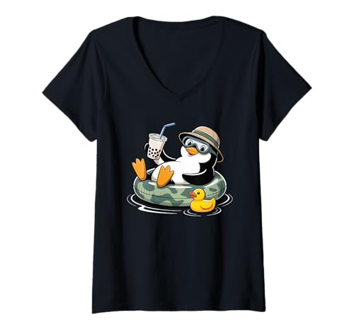Damen Pinguin Boba Perlen Milchtee Pinguine T-Shirt mit V-Ausschnitt von Penguins Penguin Lover Gifts