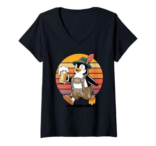 Damen Retro Pinguin Bier Trinkend Pinguine T-Shirt mit V-Ausschnitt von Penguins Penguin Lover Gifts