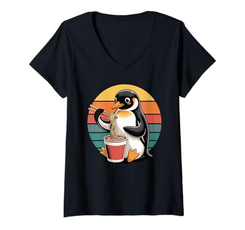 Damen Retro Pinguin Instant Cup Nudeln Pinguine T-Shirt mit V-Ausschnitt von Penguins Penguin Lover Gifts