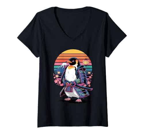 Damen Retro Pinguin Samurai Pinguine T-Shirt mit V-Ausschnitt von Penguins Penguin Lover Gifts