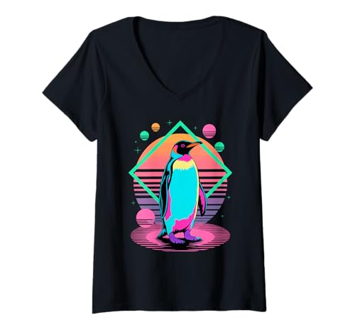 Damen Retro Synthwave Pinguin Pinguine T-Shirt mit V-Ausschnitt von Penguins Penguin Lover Gifts