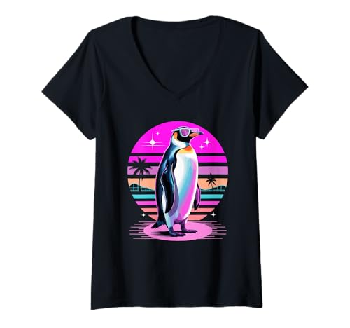 Damen Retro Synthwave Pinguin Sonnenbrille Pinguine T-Shirt mit V-Ausschnitt von Penguins Penguin Lover Gifts