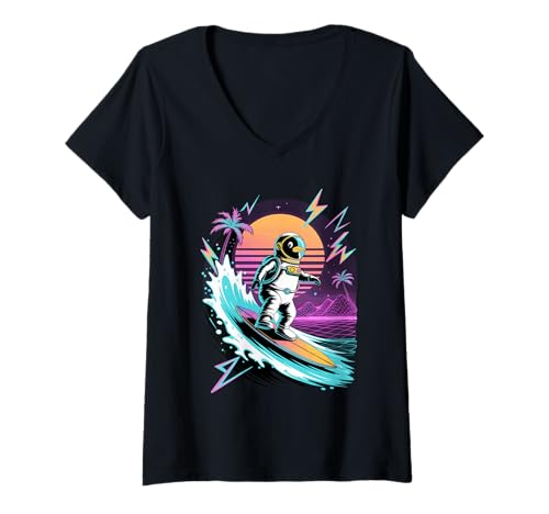 Damen Synthwave Surfer Pinguin Astronaut Pinguine T-Shirt mit V-Ausschnitt von Penguins Penguin Lover Gifts