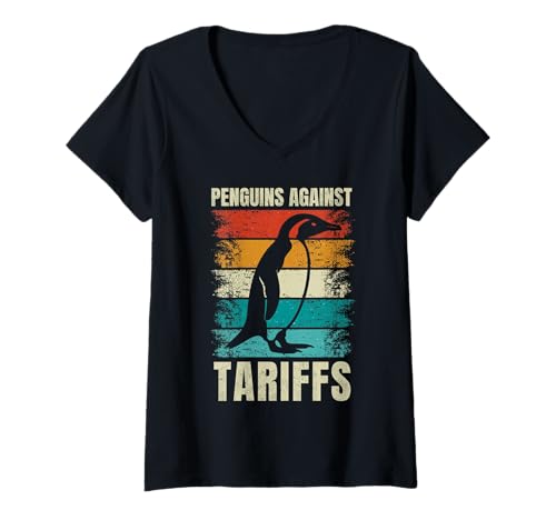 Damen Pinguine Protest Against tarifs Funny Penguin Tariff Resist T-Shirt mit V-Ausschnitt von Penguins Protest Against Tariffs Funny Political