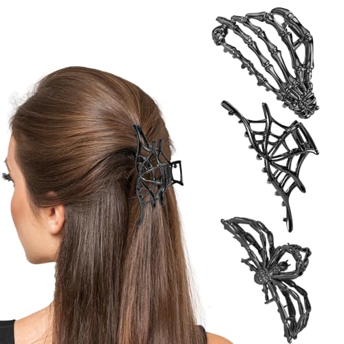 3stk Halloween Haarspange, Krallen Clips für Frauen Skelett Hand Spider Web Spider Gotische Hand Schädel Barretten Haar Styling Zubehör für Halloween Cosplay Geschenke (Pistole Schwarz) von Penitue