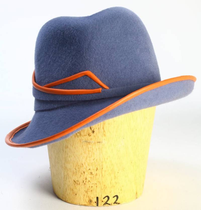 Blau Grau Velour Haarfilz Breiter Krempe Fedora Winter Individuelle Handgefertigte Hut/Orange Leder Keder/Filz Band-Handgemachte Couture Millinery von PennyKleinMillinery