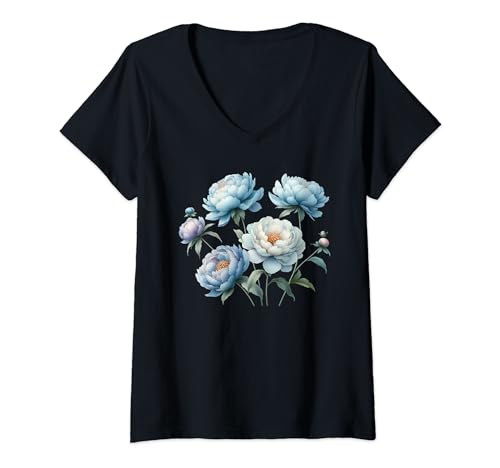 Damen Niedliche blaue Pfingstrosen Blumen Blüte Naturliebhaber Gärtner T-Shirt mit V-Ausschnitt Damen Niedliche blaue Pfingstrosen Blumen Blüte Naturliebhaber Gärtner T-Shirt mit V-Ausschnitt von Peony Perfection