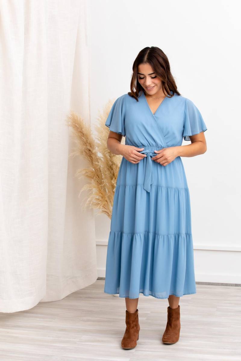 Amber Midi Faux Wrap Dress Stillfreundliches Partykleid Mit Flatterärmeln von PeonyAlleyCo