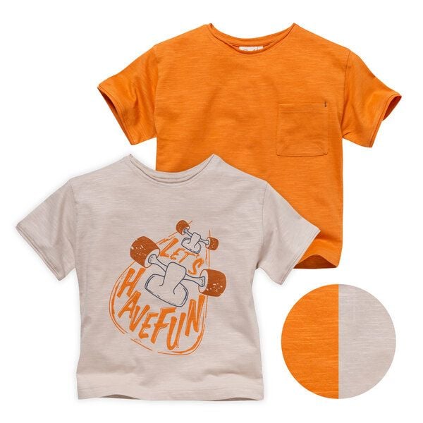 People Wear Organic Doppelpack Kurzarm-Shirts, orange mit Brusttasche und beige mit Skaterprint, aus Bio-Baumwolle People Wear Organic Doppelpack Kurzarm-Shirts, orange mit Brusttasche und beige mit Skaterprint, aus Bio-Baumwolle von People Wear Organic