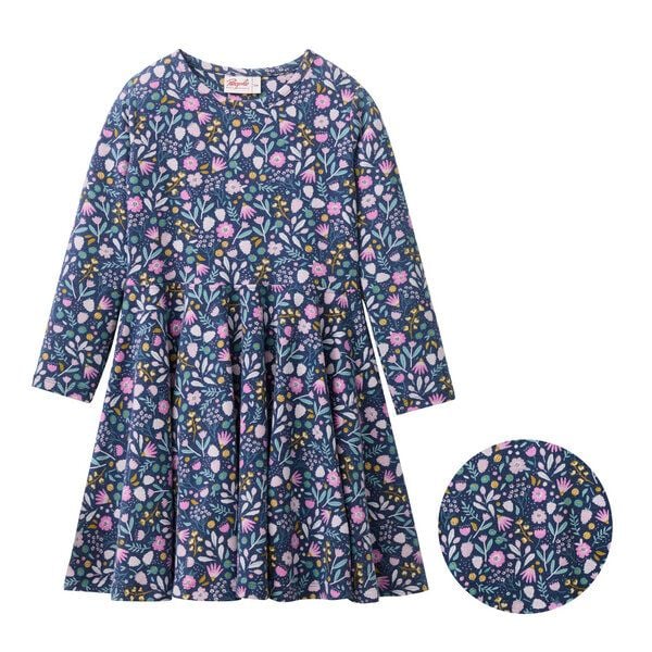 People Wear Organic Langarm Kleid, dunkelblau bedruckt, "Herbstblüten", Bio-Baumwolle von People Wear Organic