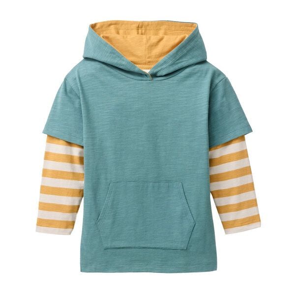 People Wear Organic Langarm Shirt mit Kapuze, grün uni und gelb geringelt, Bio-Baumwolle von People Wear Organic