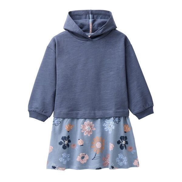 People Wear Organic Sweat Kleid, blau uni und blau bedruckt "große Herbstblumen", Bio-Baumwolle von People Wear Organic