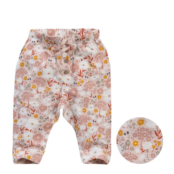 People Wear Organic leichte Hose mit Kokosknöpfen, hellrosa mit Blumenprint "Sommerwiese", aus Bio-Baumwolle von People Wear Organic