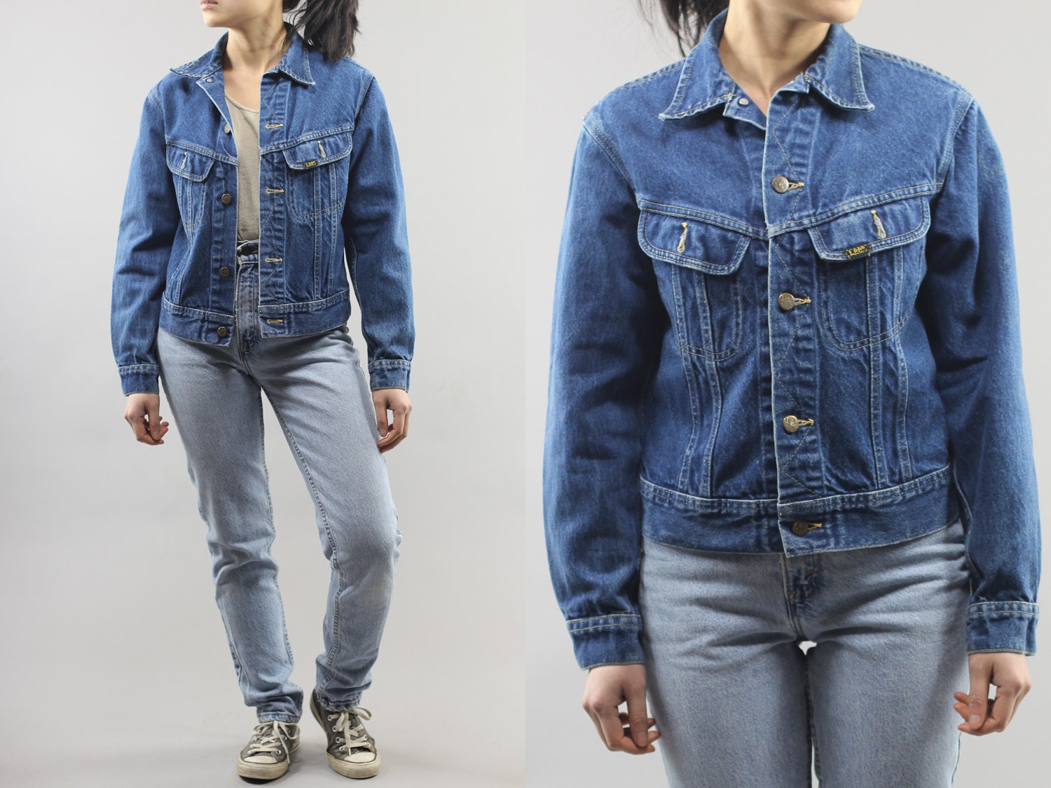 Lee Jeans Abgeschnitten Dunkle Wäsche Jean Zuknöpfen Jacke Damen Größe Große 80Er Vintage von PeopleWear