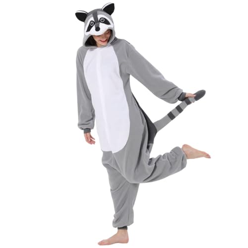Raccoon Pyjamas, Waschbär -Strampler für Erwachsene Kapuze -Waschbär Pyjamas mit Schwanzpolar Fleece Animal Onesie mit Knopfverschluss Wärme Waschbär Kostüm für Weihnachten, Waschbär Kostüm, XL von Peosaard