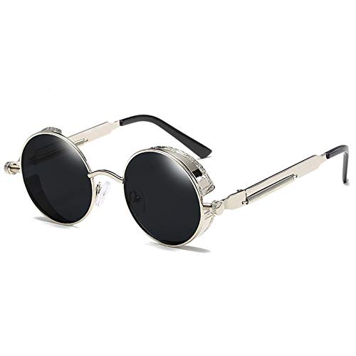 Peowuieu Runde Metall Sonnenbrille Steam Punk Herren Und Damen Mode Brille Retro Vintage Sonnenbrille Uv400 (Silber + Schwarz) von Peowuieu